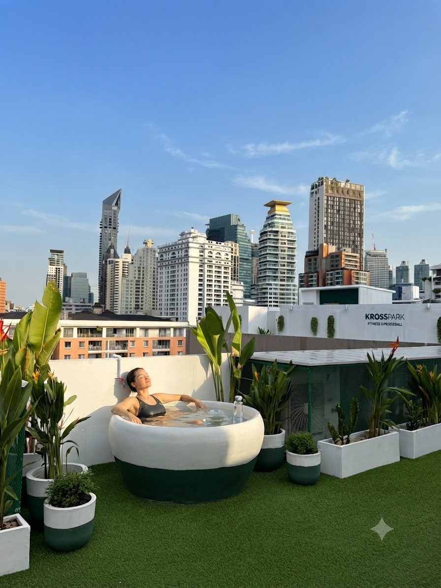 Ice bath on the KROSS PARK rooftop with the Bangkok skyline behind